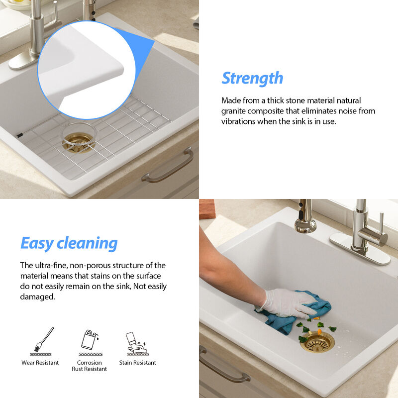 25x22x10 Inch White Granite Composite Drop In kitchen Sink Single Bowl Quartz Kitchen Sink