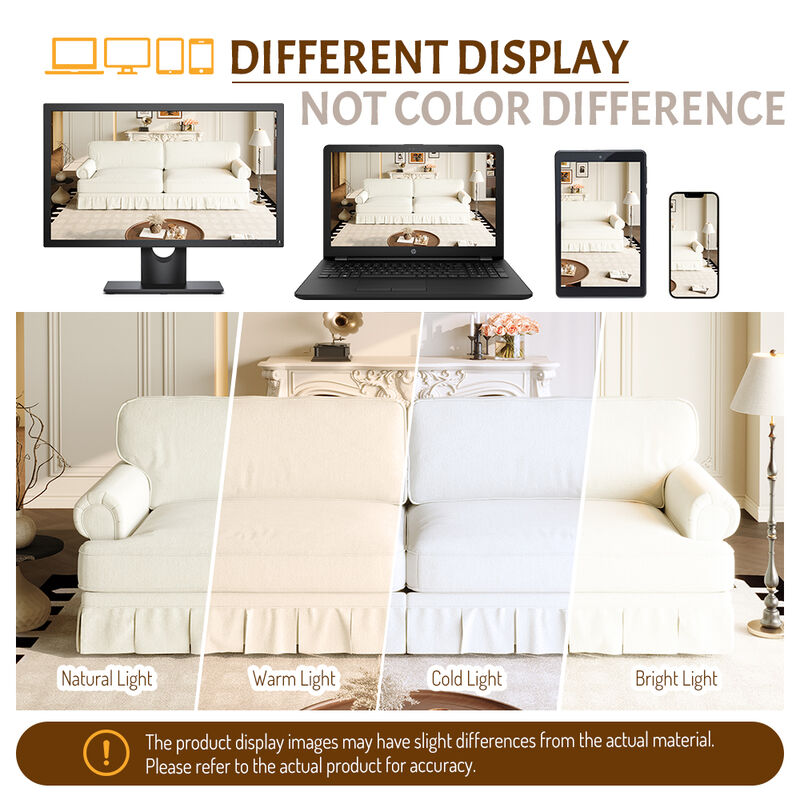 Whisen Mid-Century Sofa, Oxford Fabric Cloud Couch with Elegant Rolled Arms and Pleated Skirt Design