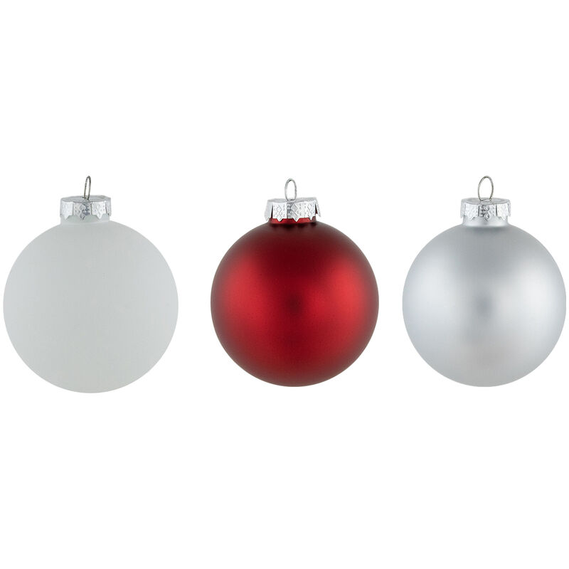 72ct Red  Silver and White Shiny and Matte Glass Ball Christmas Ornaments 3.25-4"