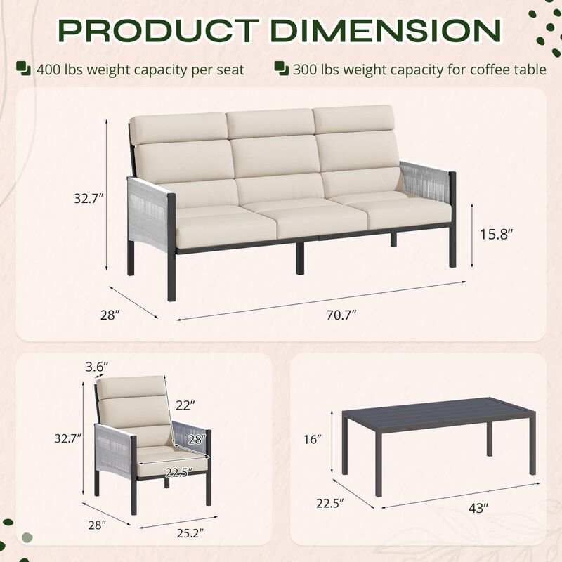 Mondawe 4-Piece Aluminum Patio Conversation Set, Patio Furniture Seating Set with Cushions and Coffee Table for Backyard, Garden