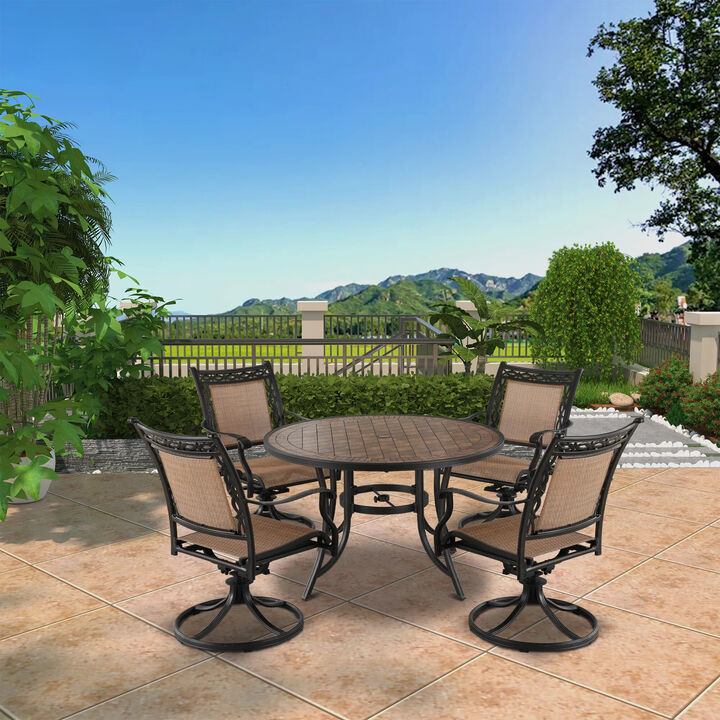 Mondawe 5-piece Cast Aluminum Patio Dining Set with 4 Sling Swivel Chair and One 48 inch Ceramic Tile Top Table