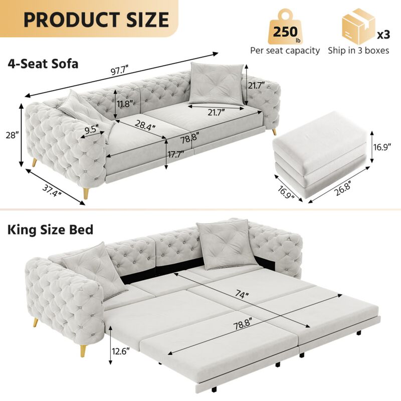 Whisen 97.7" 4-Seat Convertible Sleeper Sofa, Velvet 3-in-1 with Ottoman for Apartment Office image number 9