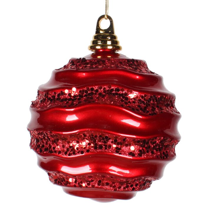 Vickerman 8" Christmas Ornament Wave Ball, Red Stripe Candy Finish with Glitter Accents, Shatterproof Plastic, Holiday Christmas Tree Decoration