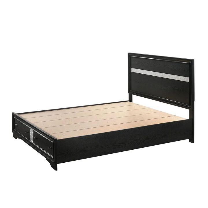 Benjara Regi King Size Bed, 2 Storage Drawers, Striped Headboard, Wood, Black and Silver