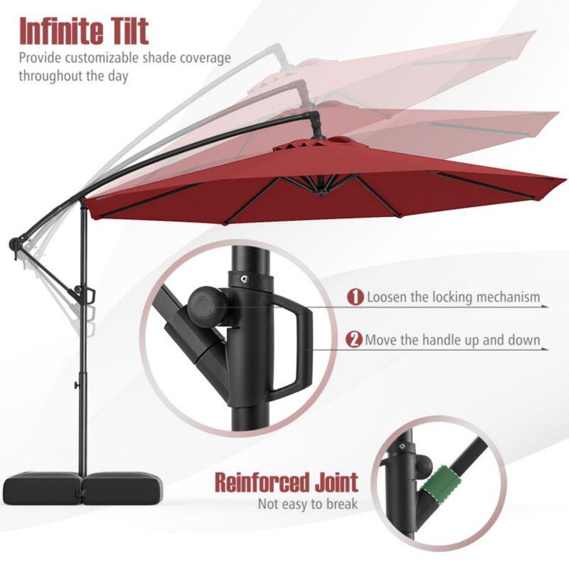 10 Feet Offset Hanging Umbrella with Base Patio Cantilever Umbrella with Tilt-Red image number 5