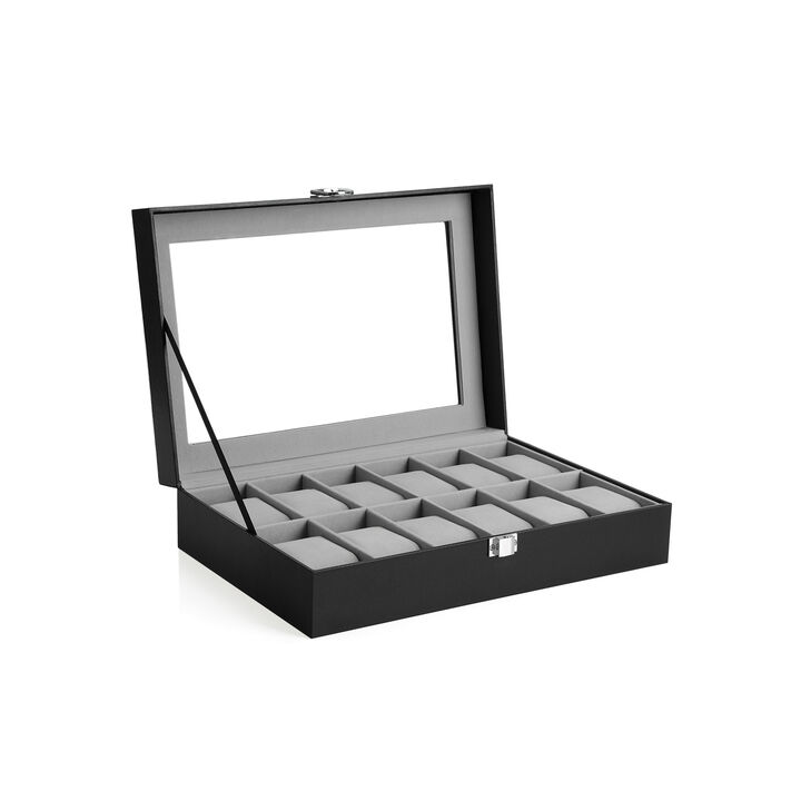 Men's 12-Slot Watch Case Glass Top, Lockable Organizer