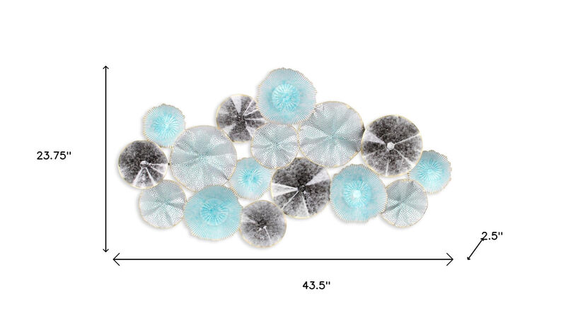 HomeRoots 24" X 44" Aqua Charcoal And Silver Abstract Metal Round Discs Hanging Dimensional Sculpture image number 6