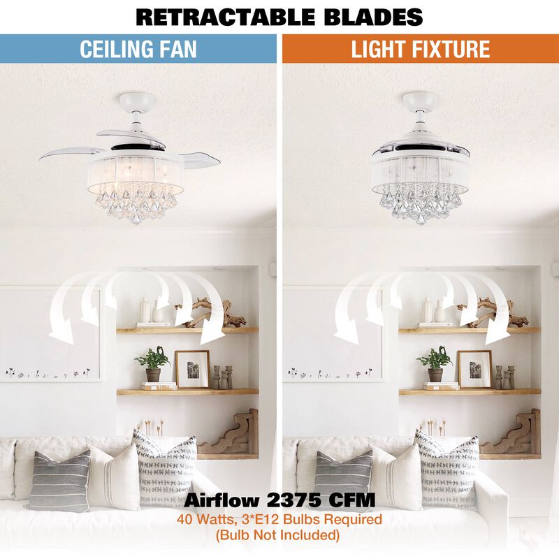 36 in. White Retractable 3 Blades Crystal Ceiling Fan Chandelier with Remote