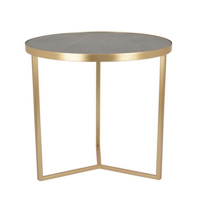 20 Inch Plant Stand Table, 3 Legged Metal Base, Gray Marble, Gold Finish - Benzara