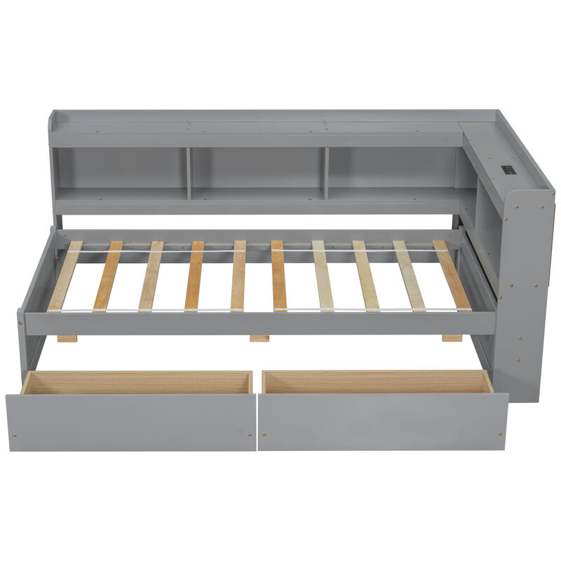 Whisen Twin Size L-shaped Bookcases Bed with Power Outlets, USB Charging Ports,Two Drawers-Grey