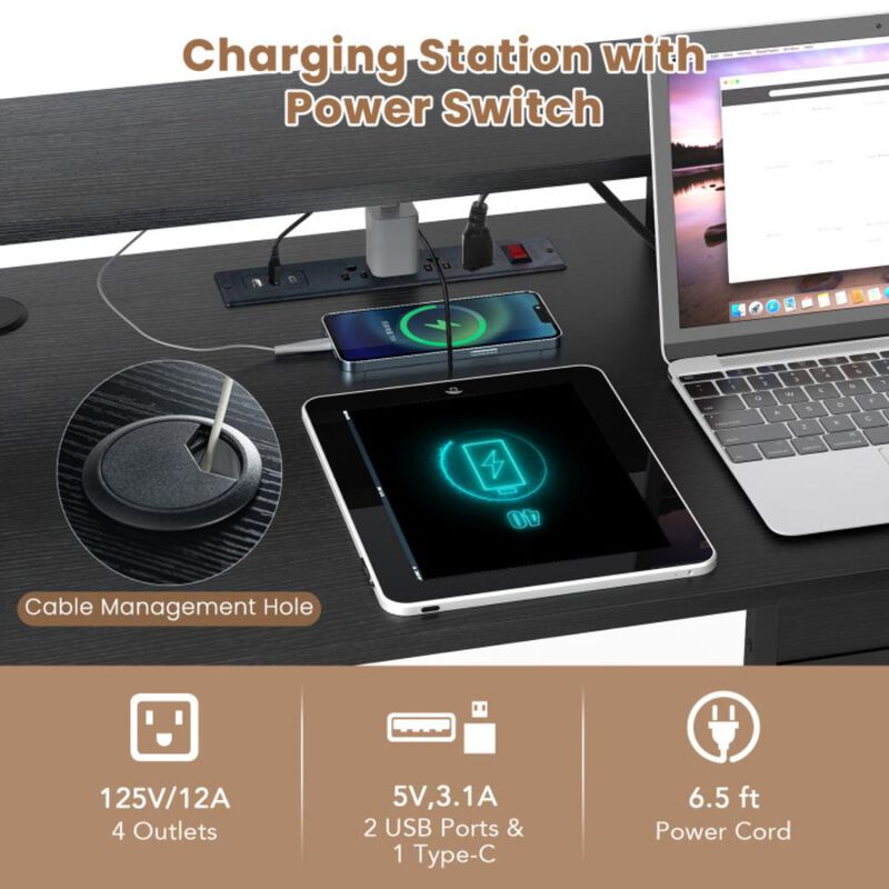 Hivvago L-Shaped Gaming Desk with LED Lights and Power Outlets Home Office Computer Desk