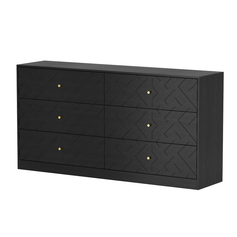 FUFU&GAGA Black 6-Drawer Storage Cabinet with Embossed Texture, Gold Tapered Pulls and Textured Finish, 63" W x 15" D x 32.3" H