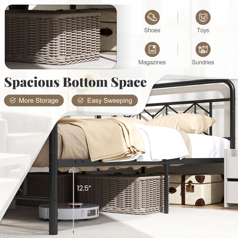 Minimalist Platform Bed with Tall Headboard and Snap Lock Metal Slats