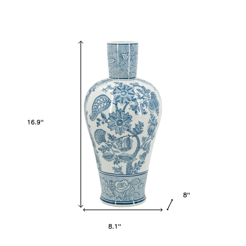 HomeRoots 17" Light Blue And White Floral Round Porcelain Table Vase image number 6