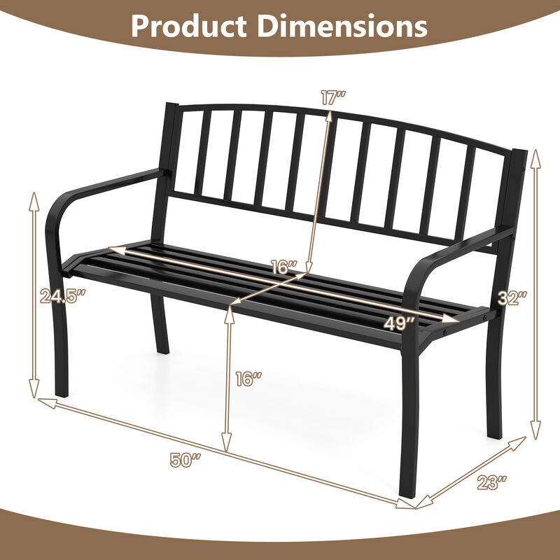 Outdoor Seating Bench with Slatted Backrest and Traditional Armrests