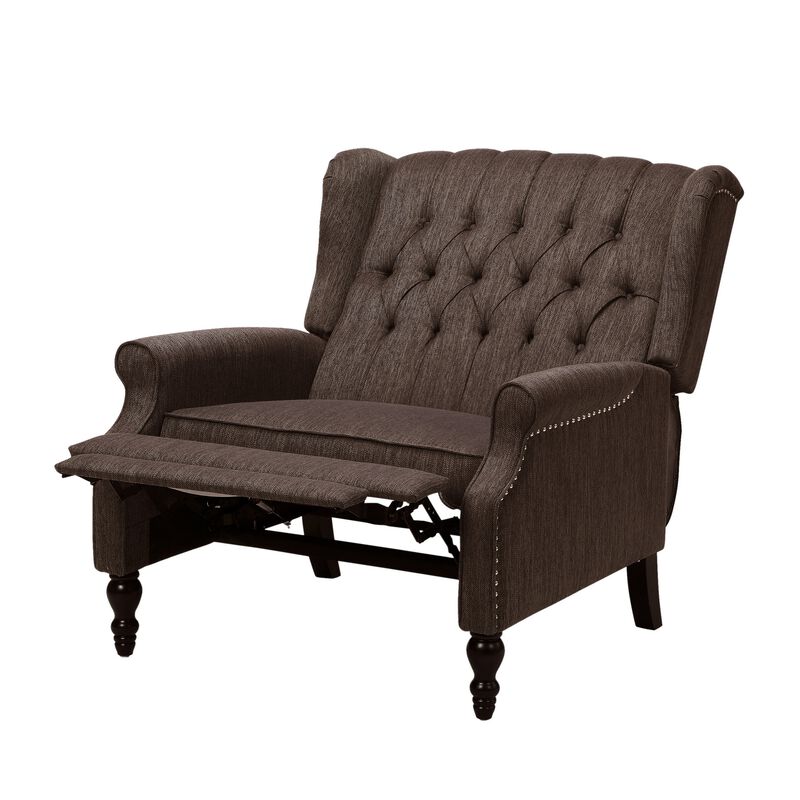 Jade Oversize Wide Chair Manual Recliner, Wingback, Brown Tufted - Benzara