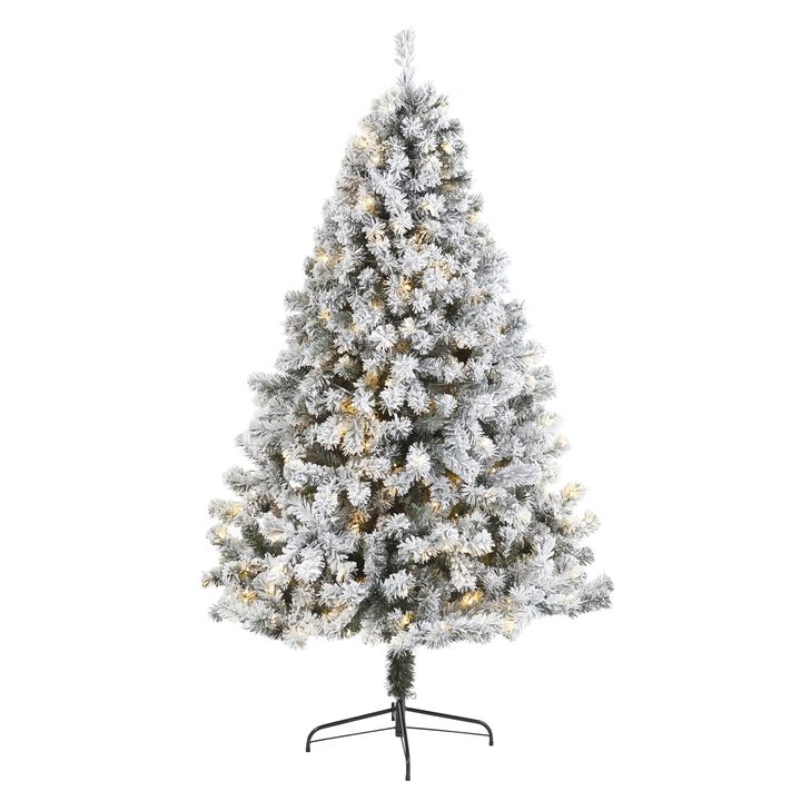 Nearly Natural 7-ft Flocked West Virginia Fir Artificial Christmas Tree with 350 Clear LED Lights