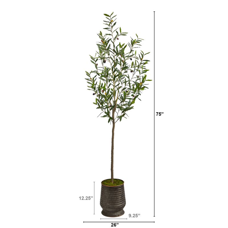 HomPlanti 75 Inches Olive Artificial Tree in Ribbed Metal Planter