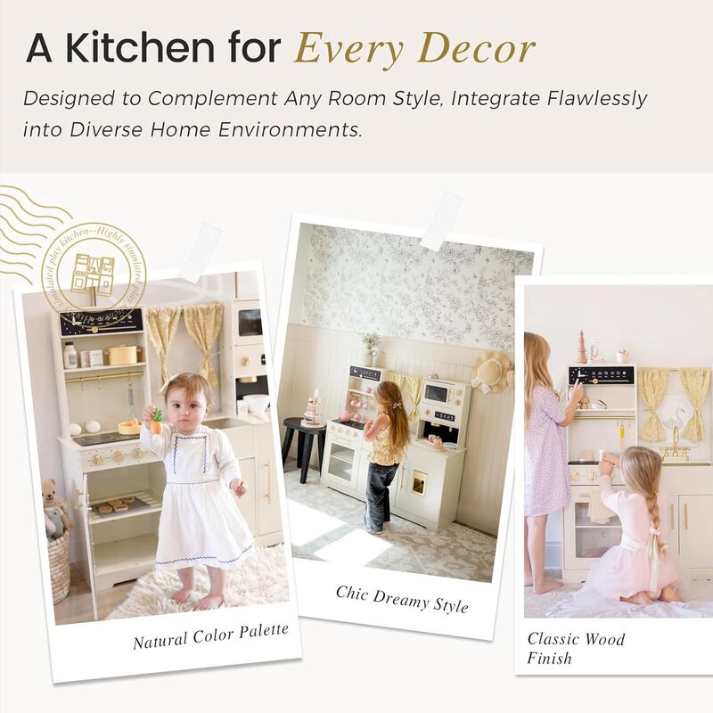 Play Kitchen for Kids - Interactive Wooden Kitchen with Coffee Maker & Microwave, Modern Home Design with Fabric Curtains, Pretend Play Toy image number 5