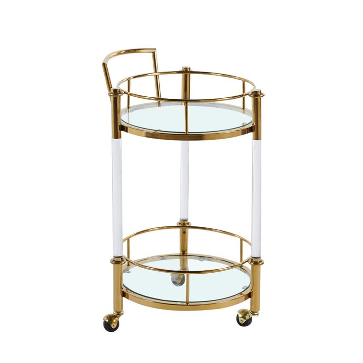 Stainless Steel And Acrylic Mobile Bar Cart Serving Wine Cart with Wheels, 2-tier Metal Frame Elegant Wine Storage for Kitchen, Party, Dining Room and Living Room, Gold TC-16