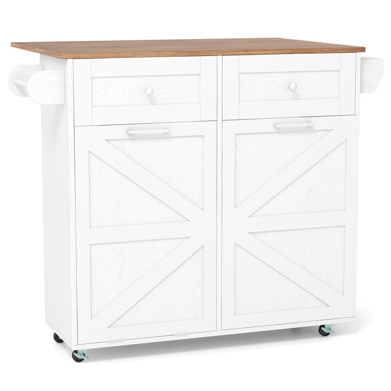 Rolling Kitchen Island with Trash Can Cabinet and Rubber Universal Wheels