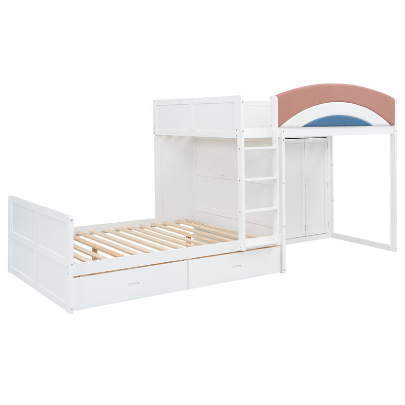 Whisen 136" Full Size Offset Bunk Bed with Wardrobe & 2 Drawers, Upholstered Guardrail, MDF Plywood Space Saving Loft Bed for Kids Bedroom image number 4