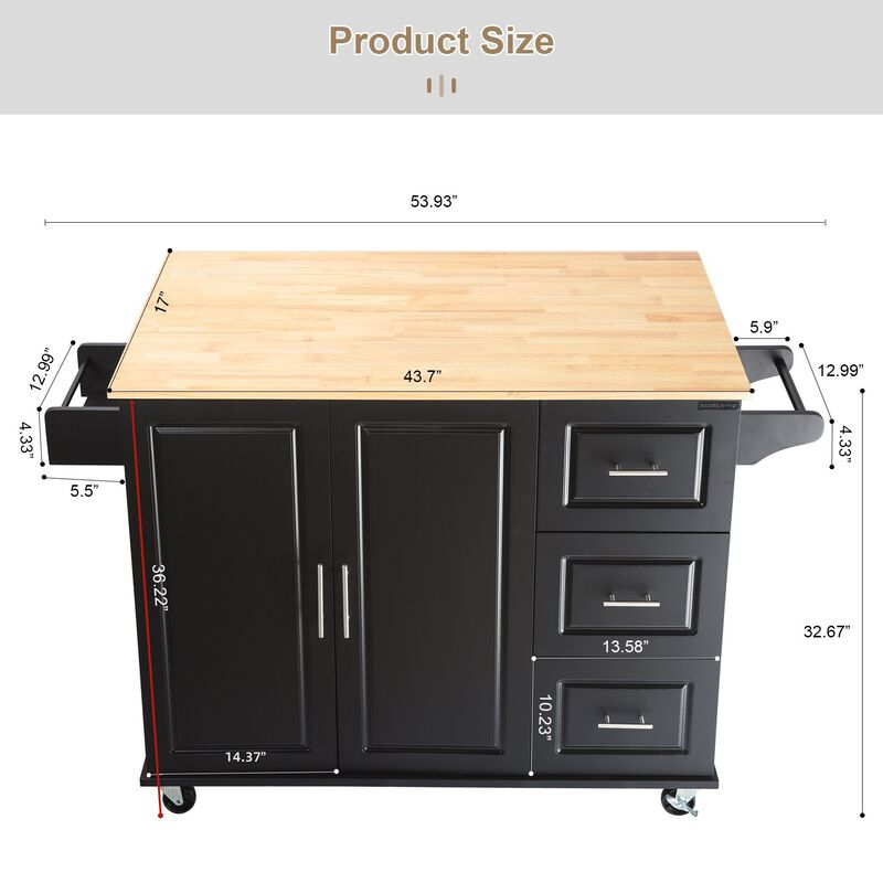 Hivvago 3 Drawers Rubber Wooden Top Utility Kitchen Cart with Adjustable Shelf