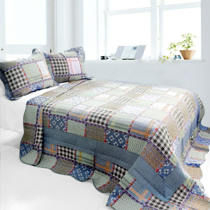 Queen Size 3-Piece Cotton Quilted Printed Quilt Set with Matching Pillow Shams