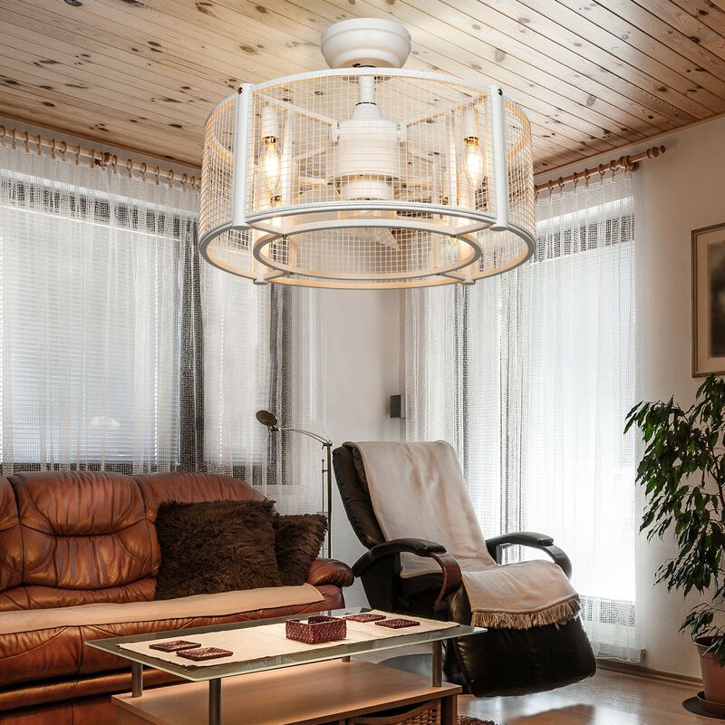 Caged Bladeless Ceiling Fan with Light, Remote Control, and Reversible Motor