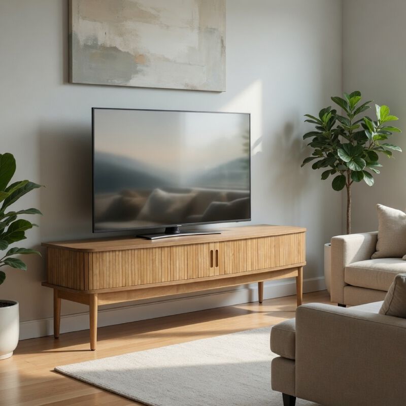 Elora TV Stand Media Console with Reeded Doors, Brown Wood 71 Inch image number 8