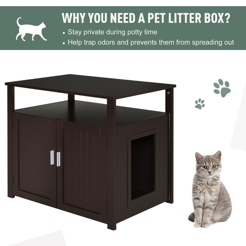 Wooden Cat Litter Box Enclosure Furniture with Adjustable Interior Wall & Large Tabletop for Nightstand  Brown
