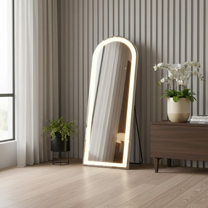HomeRoots 71" Clear Arch Lighted Freestanding and Wall Mount Frameless Full Length Mirror