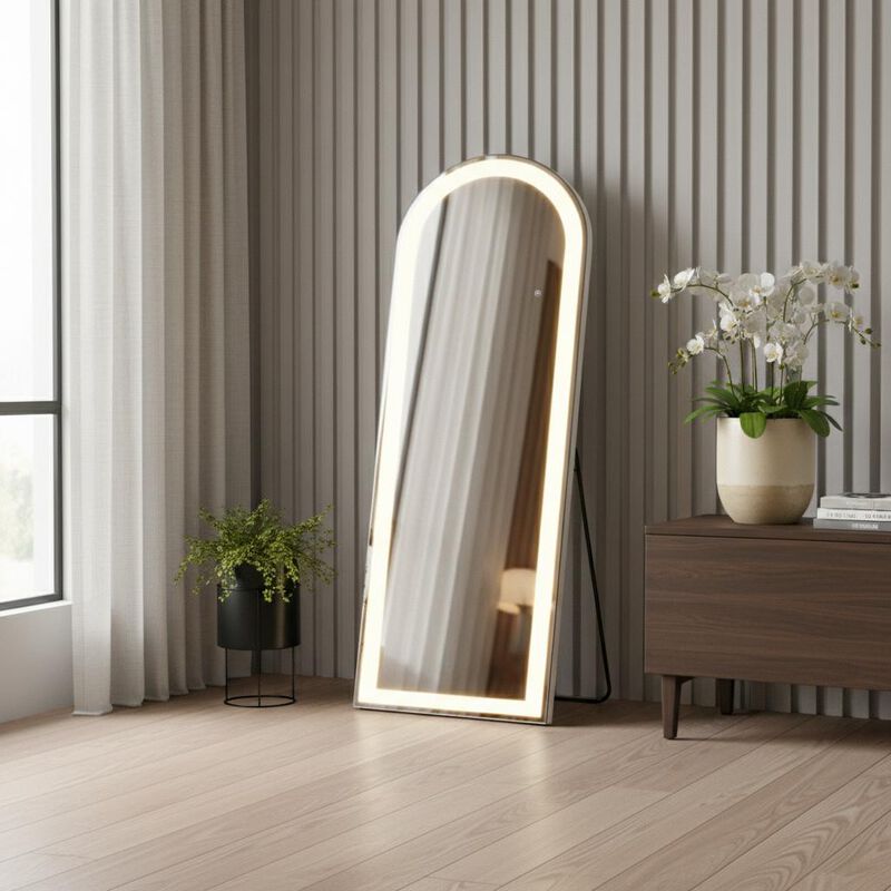 HomeRoots 71" Clear Arch Lighted Freestanding and Wall Mount Frameless Full Length Mirror image number 1