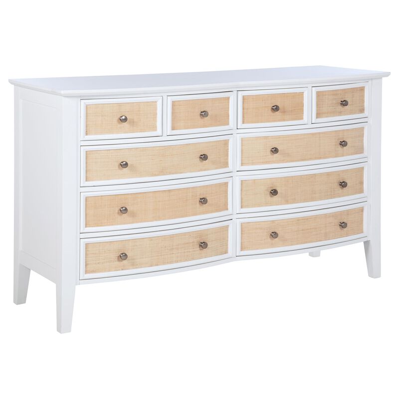 Heo Wide Dresser, 10 Drawers, Rattan Woven Curved Front, White Wood - Benzara