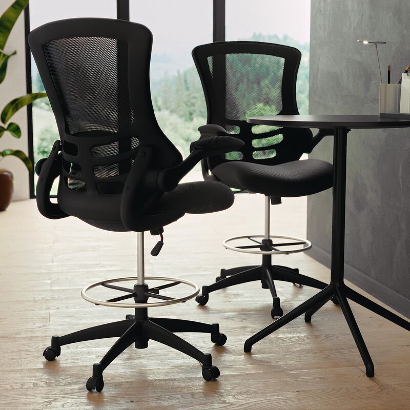 Flash Furniture Kelista Mid-Back Black Mesh Ergonomic Drafting Chair | Adjustable Foot Ring, Flip-Up Arms | Comfort and Productivity