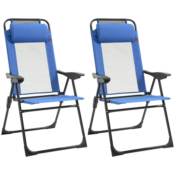 Outsunny Folding Patio Chairs Set of 2, Outdoor Deck Chair with Adjustable Sling Back, Camping Chair with Removable Headrest for Garden, Backyard, Lawn, Blue