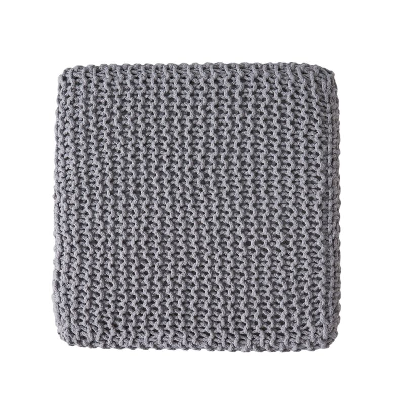 Square Knitted Footstool Ottoman, Handwoven Design 17 Inch Gray Cotton - Benzara