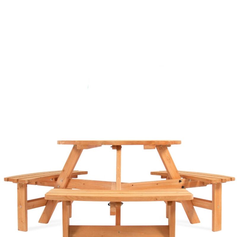 Hivvago Outdoor Round Wood Picnic Table Bench Set with Umbrella Hole - Seats 6