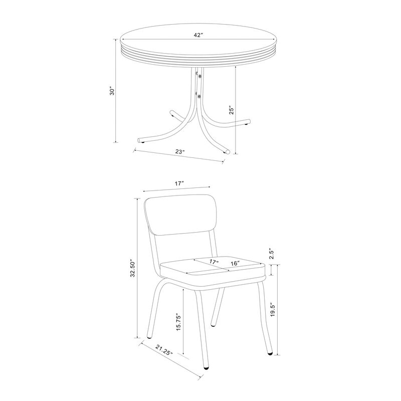 Loy 5pc Dining Table and Chair Set, Red Faux Leather, Retro White Round Top