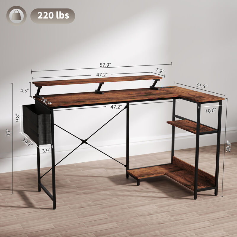 GOODSILO Ergonomic Corner Gaming Desk with LED Lights and Charging Station image number 2