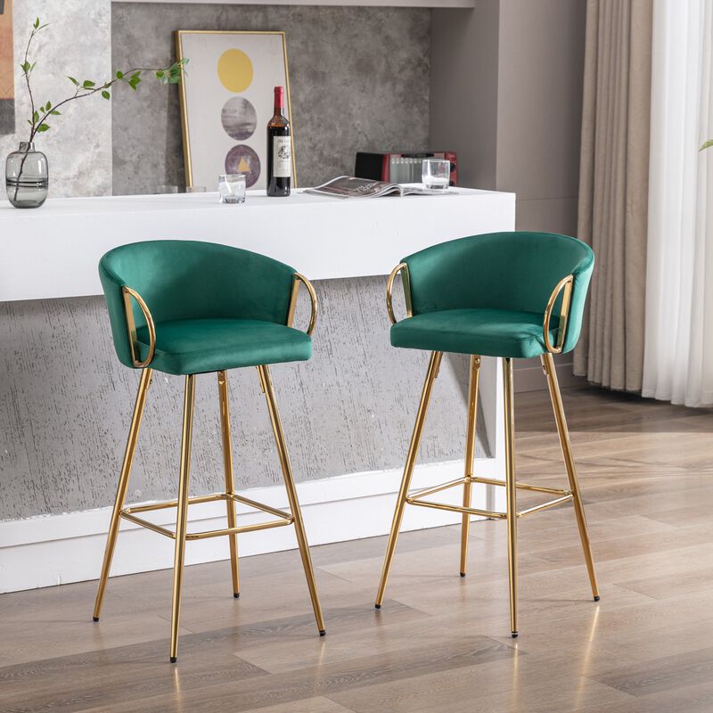 26 Inch Set of 2 Velvet Bar Stools with Chrome Footrest and Golden Base Counter Height Stools image number 6