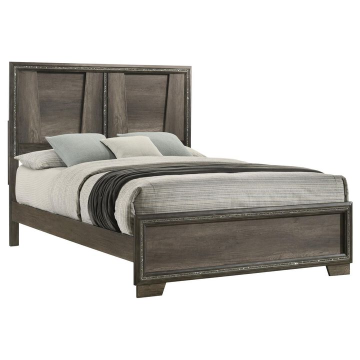 Janie Queen Size Bed with Glittering Strips, V Shaped Panel, Pine, Gray Oak - Benzara
