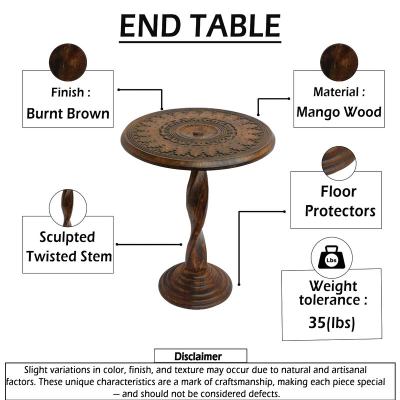Jem 22 Inch Side End Table, Round Top, Hand Carved Boho Mandala Design with Twisted Base, Brown Mango Wood image number 5