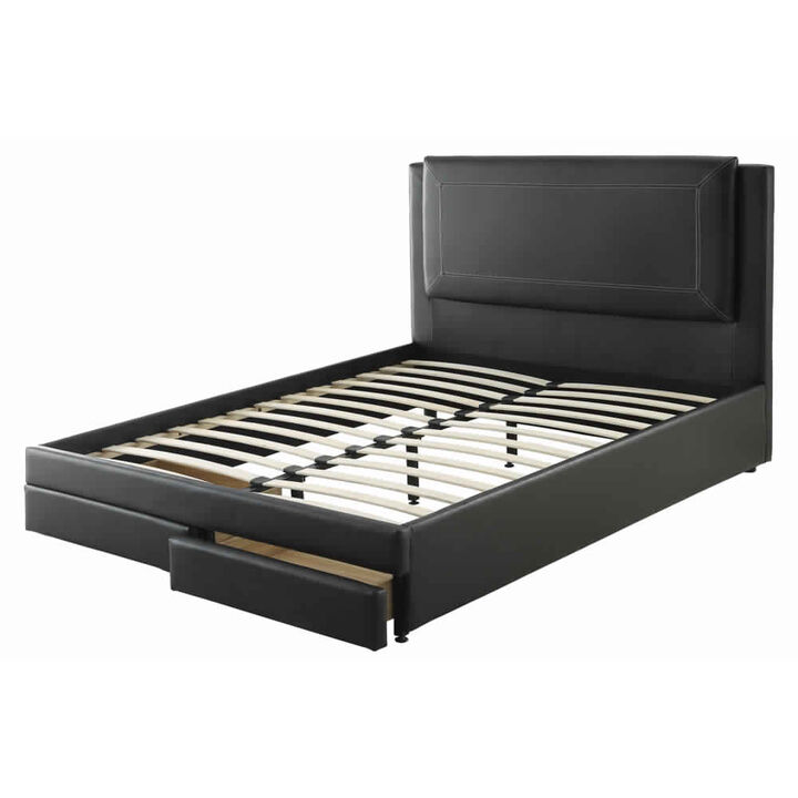 Pine Wood/ Bonded Leather Queen Size Bed In Black - Benzara