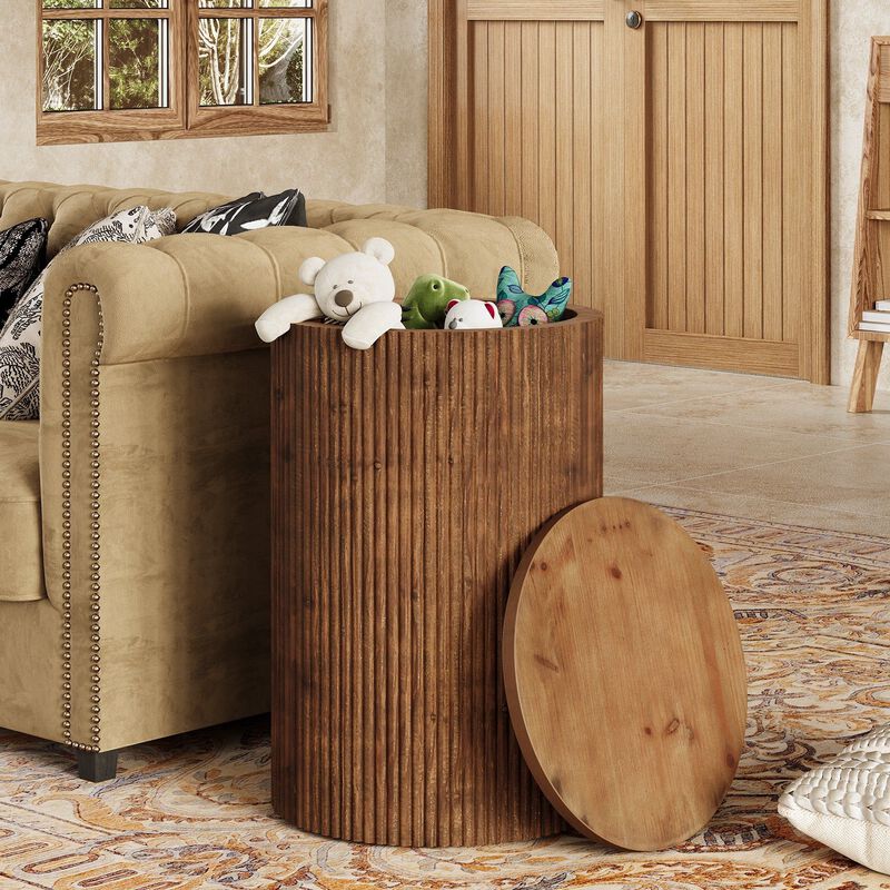 Fluted Solid Wood Round End Table, Side Table with Storage & 4 Wheels-Walnut image number 3