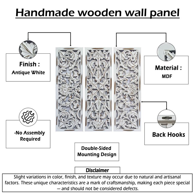 Leva 3pc Wood Wall Decor Set, Moroccan Floral Carving, Antique White Finish, 36 Inch Square image number 4