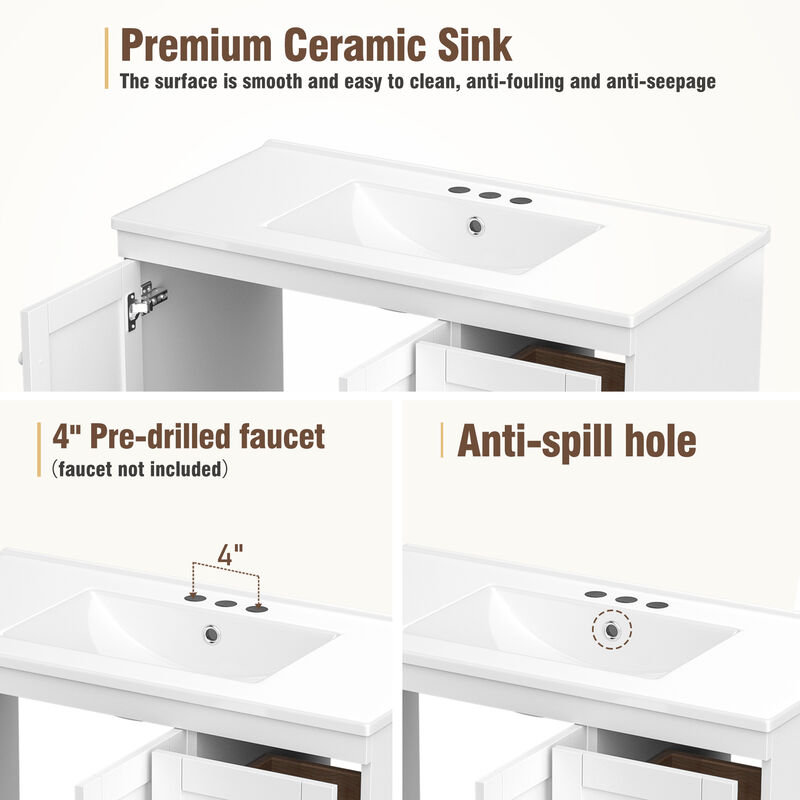 Whisen Shaker Style Free-Standing Bathroom Vanity Cabinet with Ceramic Sink, 4 Soft-close Drawers and 2 Soft-close doors