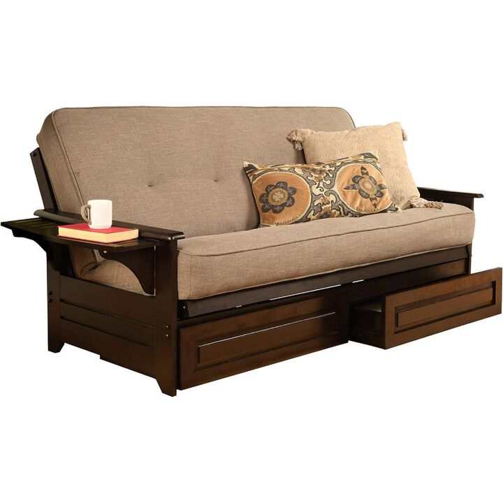 Phoenix Frame-Espresso Finish-Linen Stone Mattress-Storage Drawers