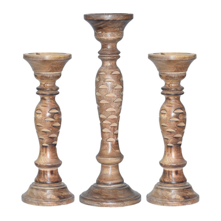 Traditional Medium Burnt Eco-friendly Handmade Mango Wood Set Of Three 12",15" & 12" Pillar Candle Holder