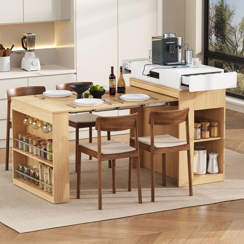 Whisen Extendable Dining Table 57.7"x32.7", Glass & MDF, w/Drawers, Power Outlet, Kitchen Island on Wheels image number 1